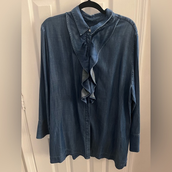 Chico’s womens Chambray style Blue Ruffled Denim Shirt button down sz 4 us 20/22 - Picture 2 of 9